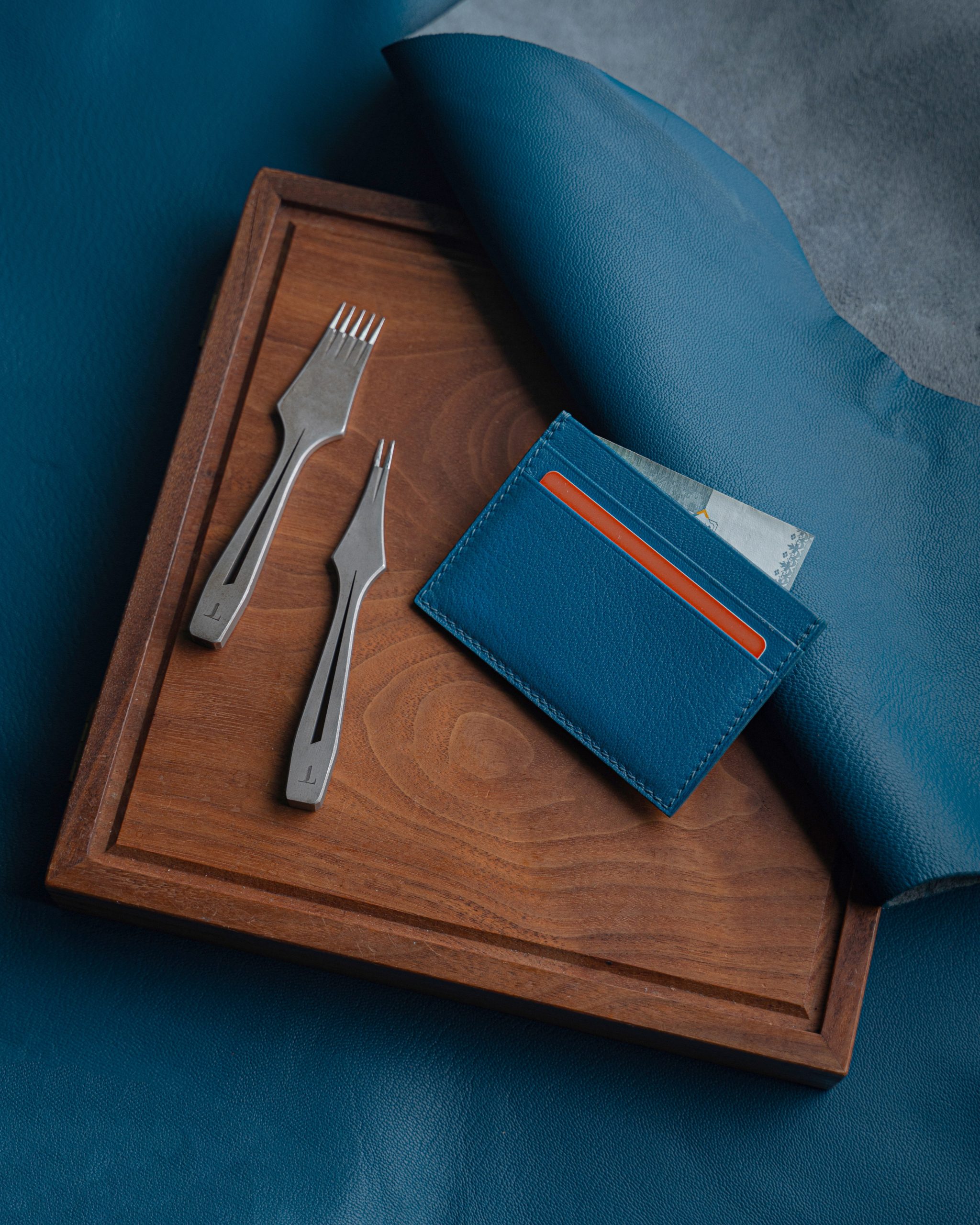 Leather card holder crafted in Tyde’s bespoke leather workshop session